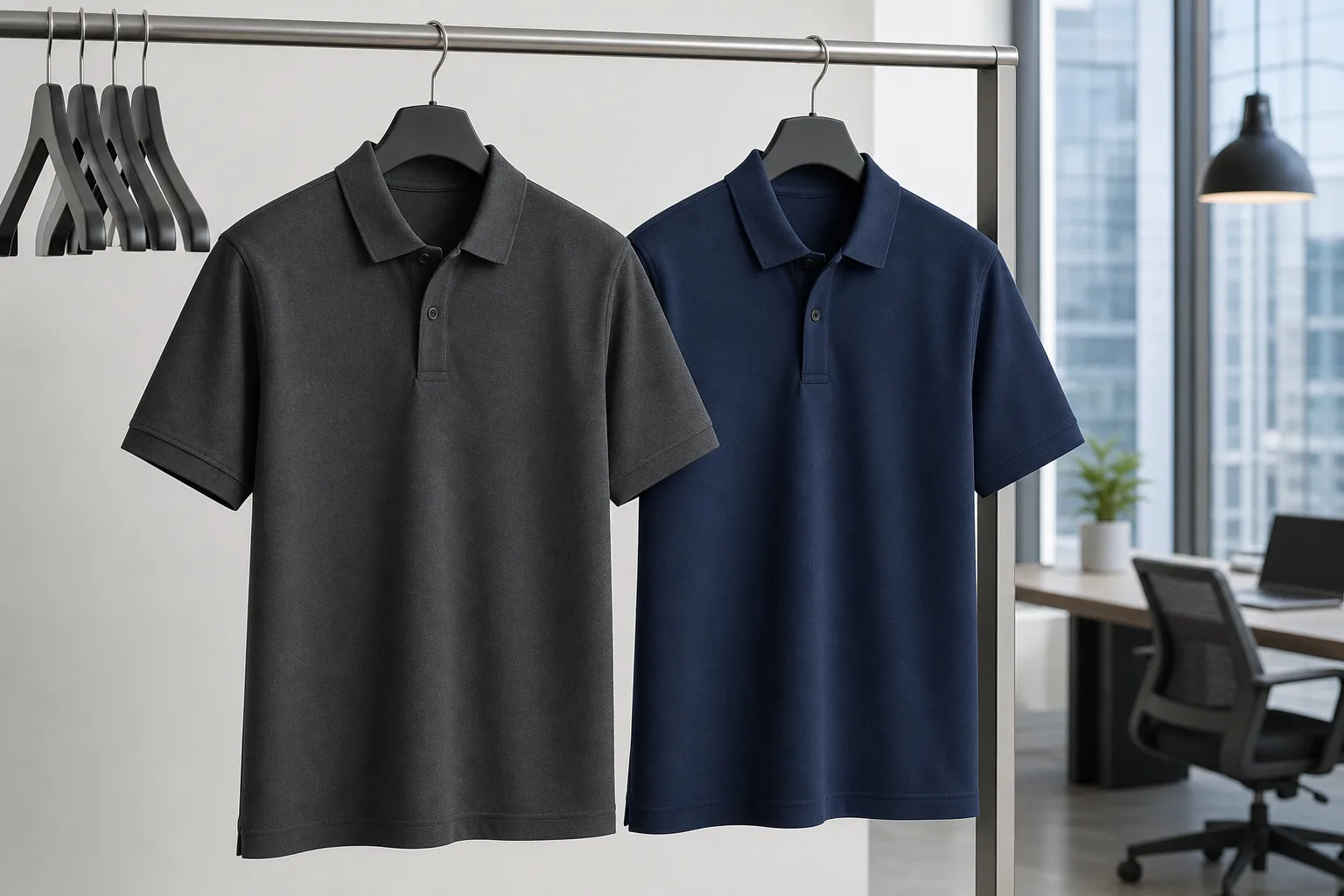 Matching charcoal and navy company polo shirts ready for a staff kit rollout in Sri Lanka