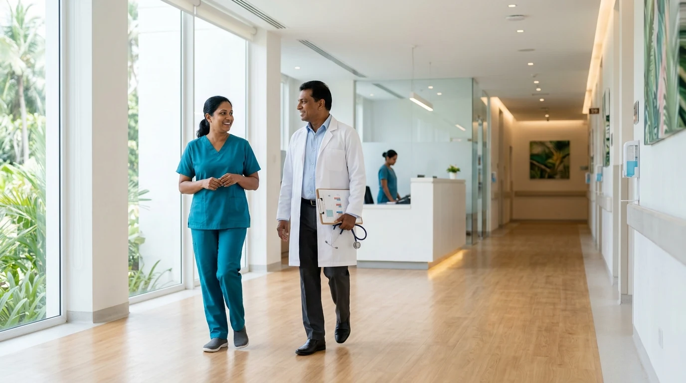 Nurse in scrubs and clinician in a lab coat in a Sri Lankan hospital corridor