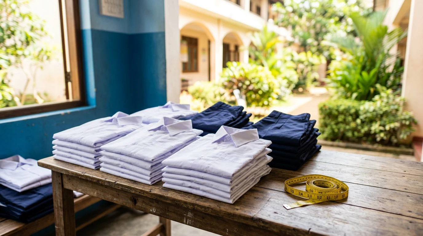 Folded white school shirts and navy trousers ready for ordering in Sri Lanka