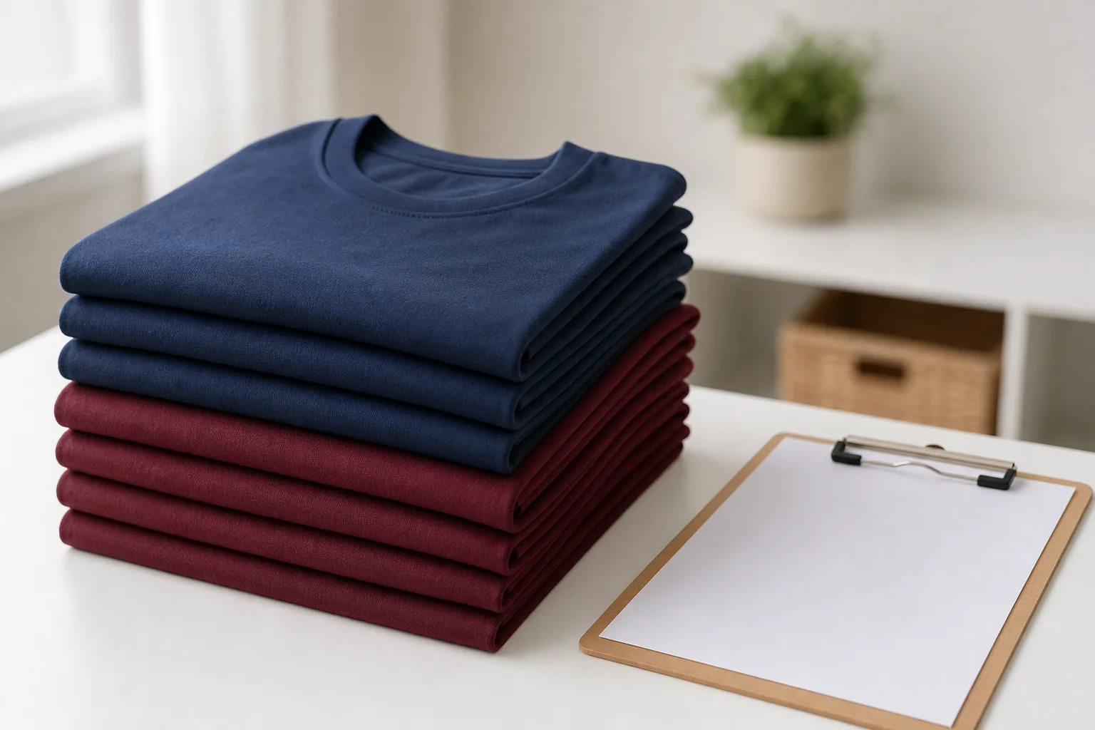 Stacked navy and maroon round-neck T-shirts ready for a university society order in Sri Lanka