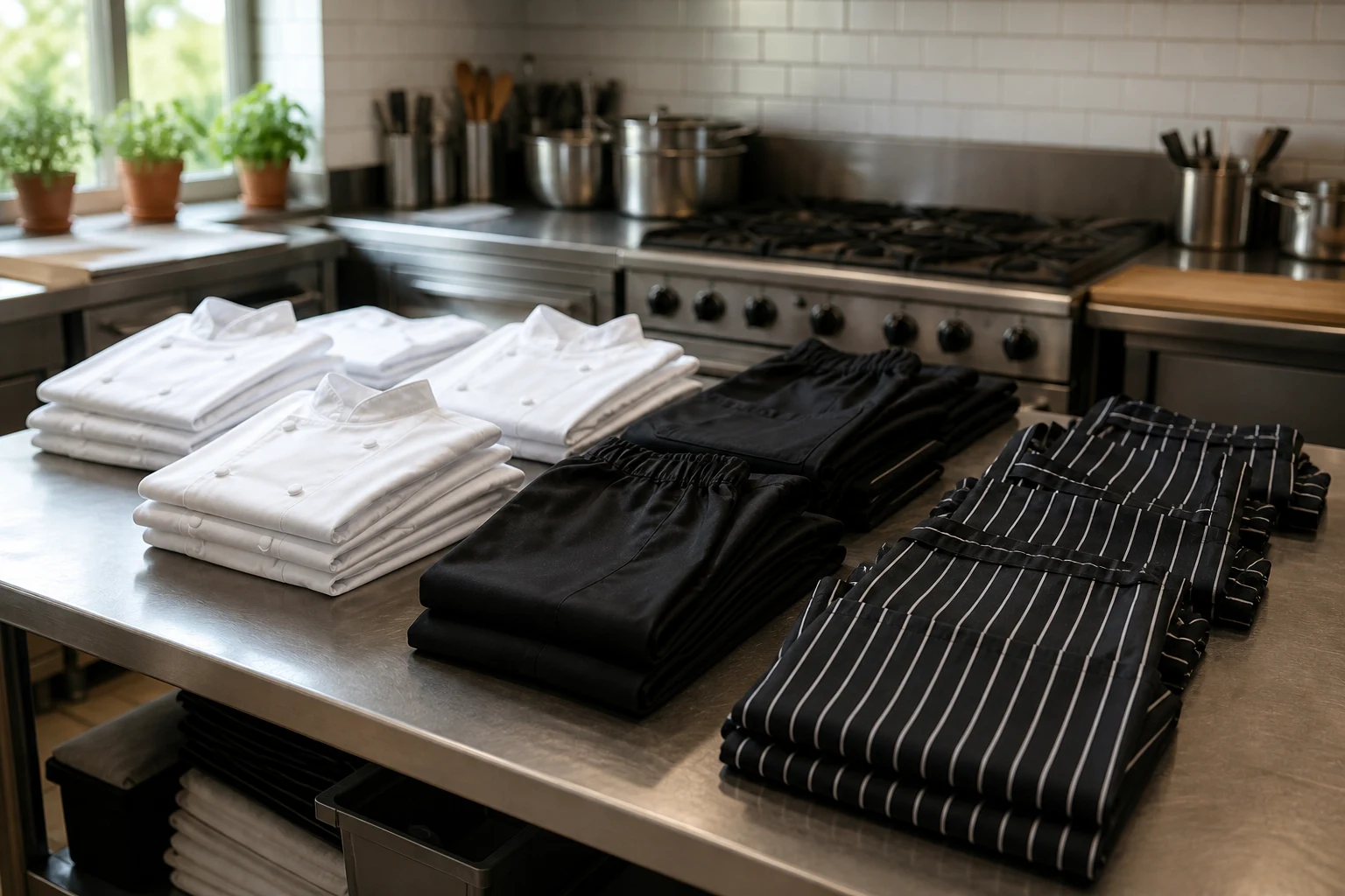 Folded white chef coats, black chef trousers and striped aprons laid out for a kitchen uniform order in Sri Lanka