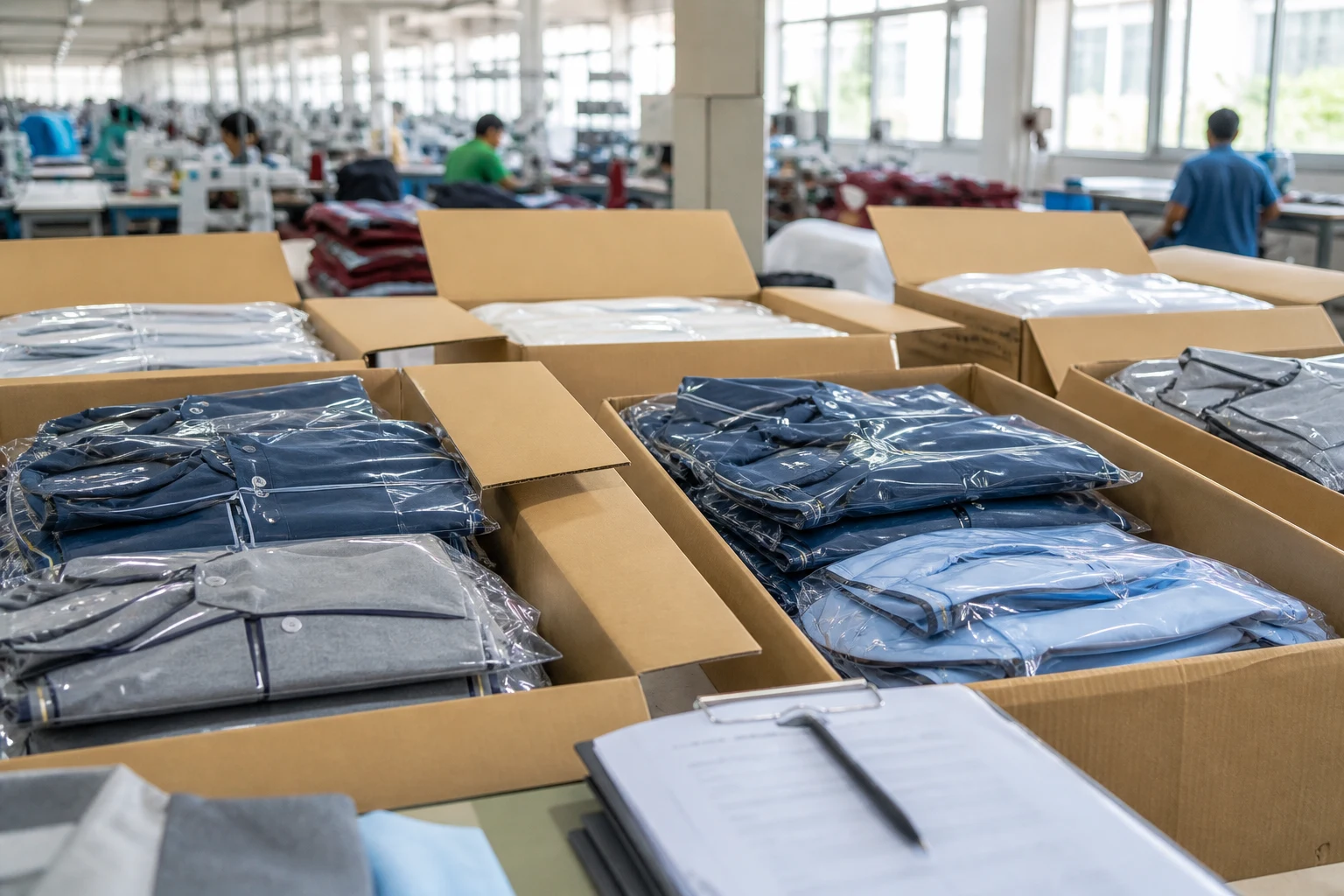 Packed staff uniforms in export cartons ready for overseas shipping from a Sri Lankan factory