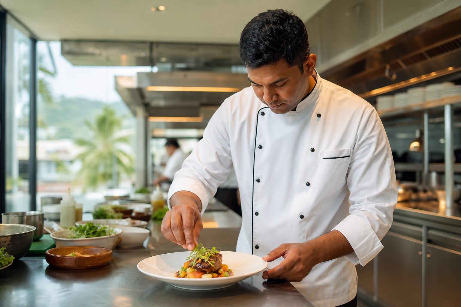 South Asian executive chef in a white double-breasted chef coat plating food in a modern Sri Lankan hotel kitchen