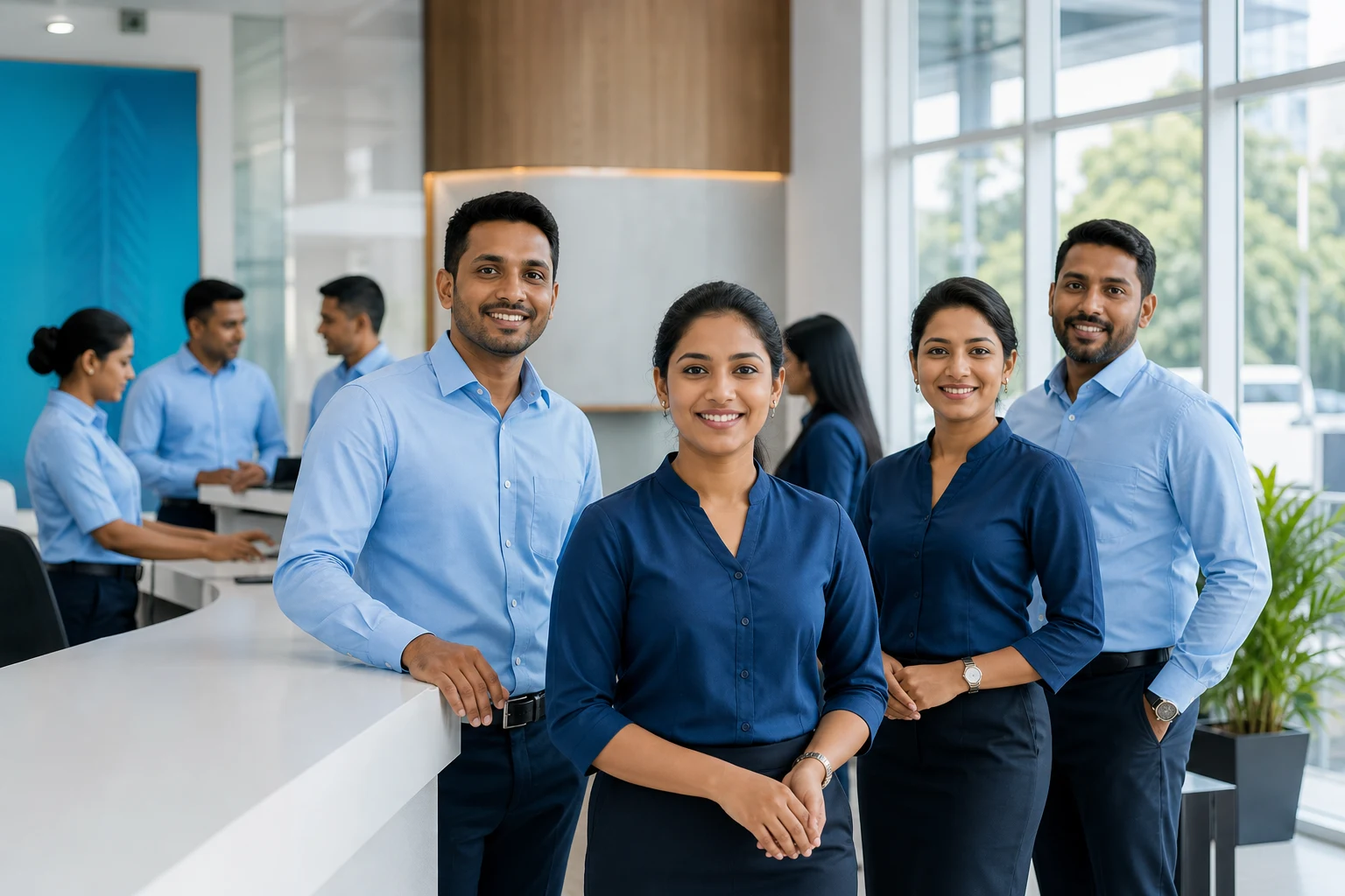 South Asian office team in matching corporate shirts and blouses in a bright Colombo bank branch