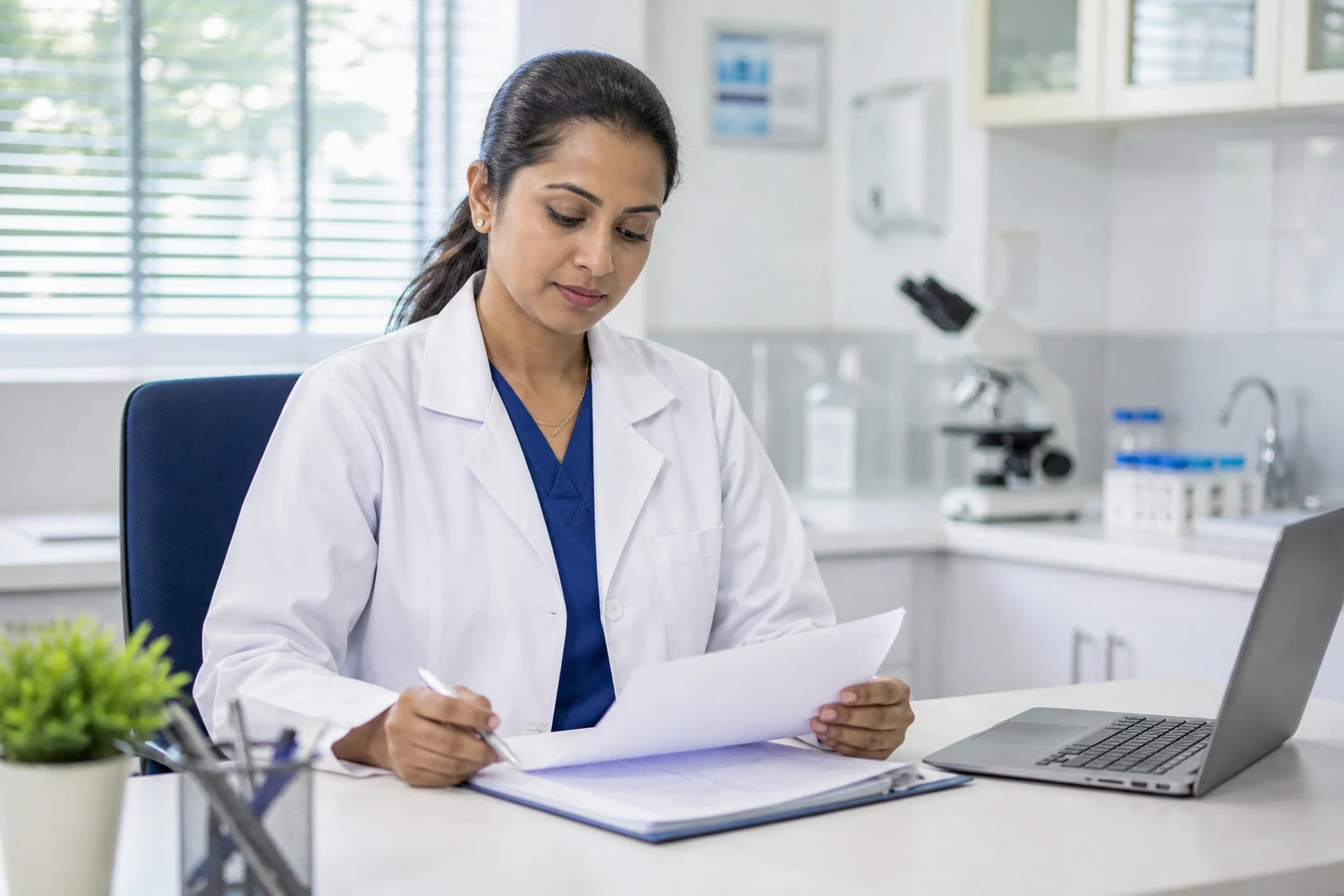 South Asian clinician in a white lab coat reviewing notes at a bright clinic desk in Sri Lanka