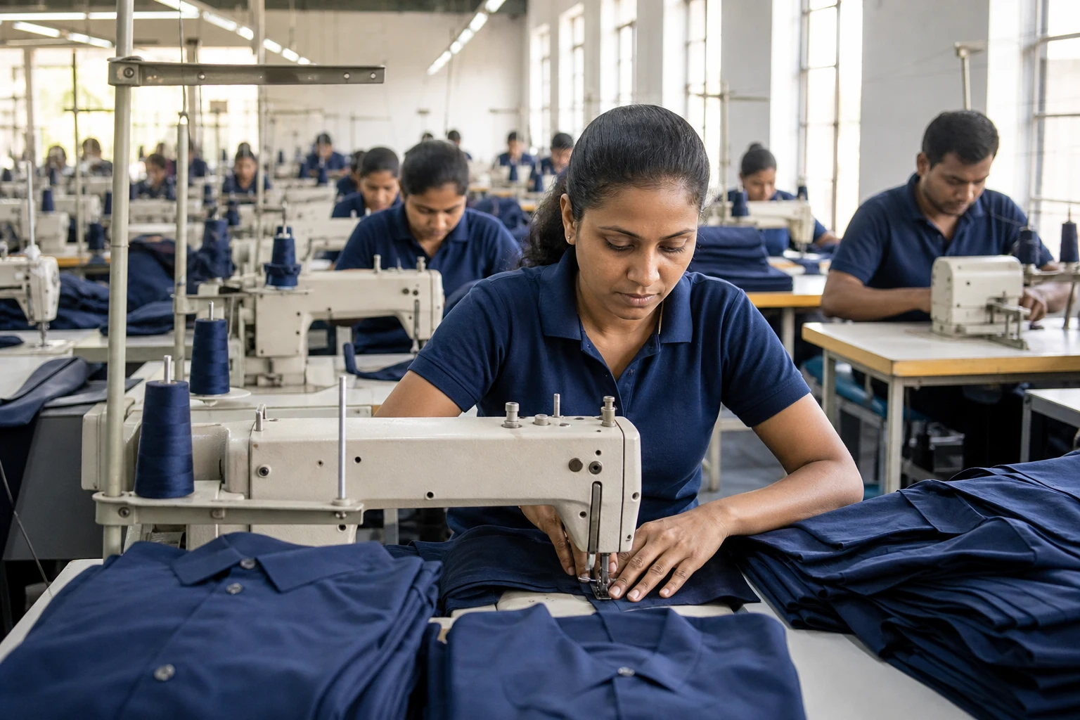 South Asian garment workers sewing professional uniforms in a bright Sri Lankan manufacturing factory
